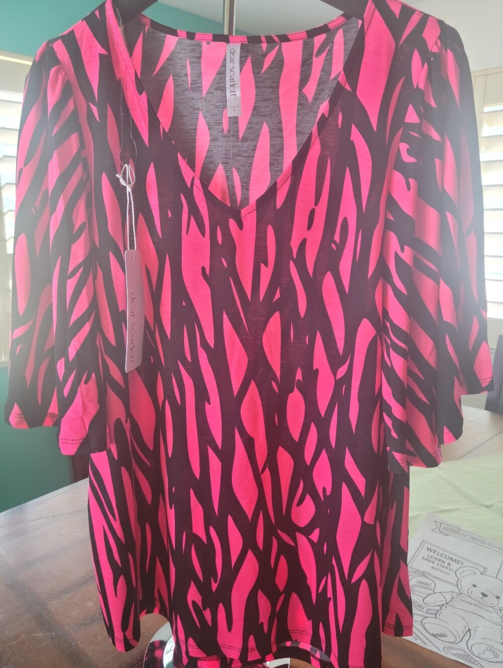 Dear Scarlet Hot Pink and Black Abstract V-Neck Tunic